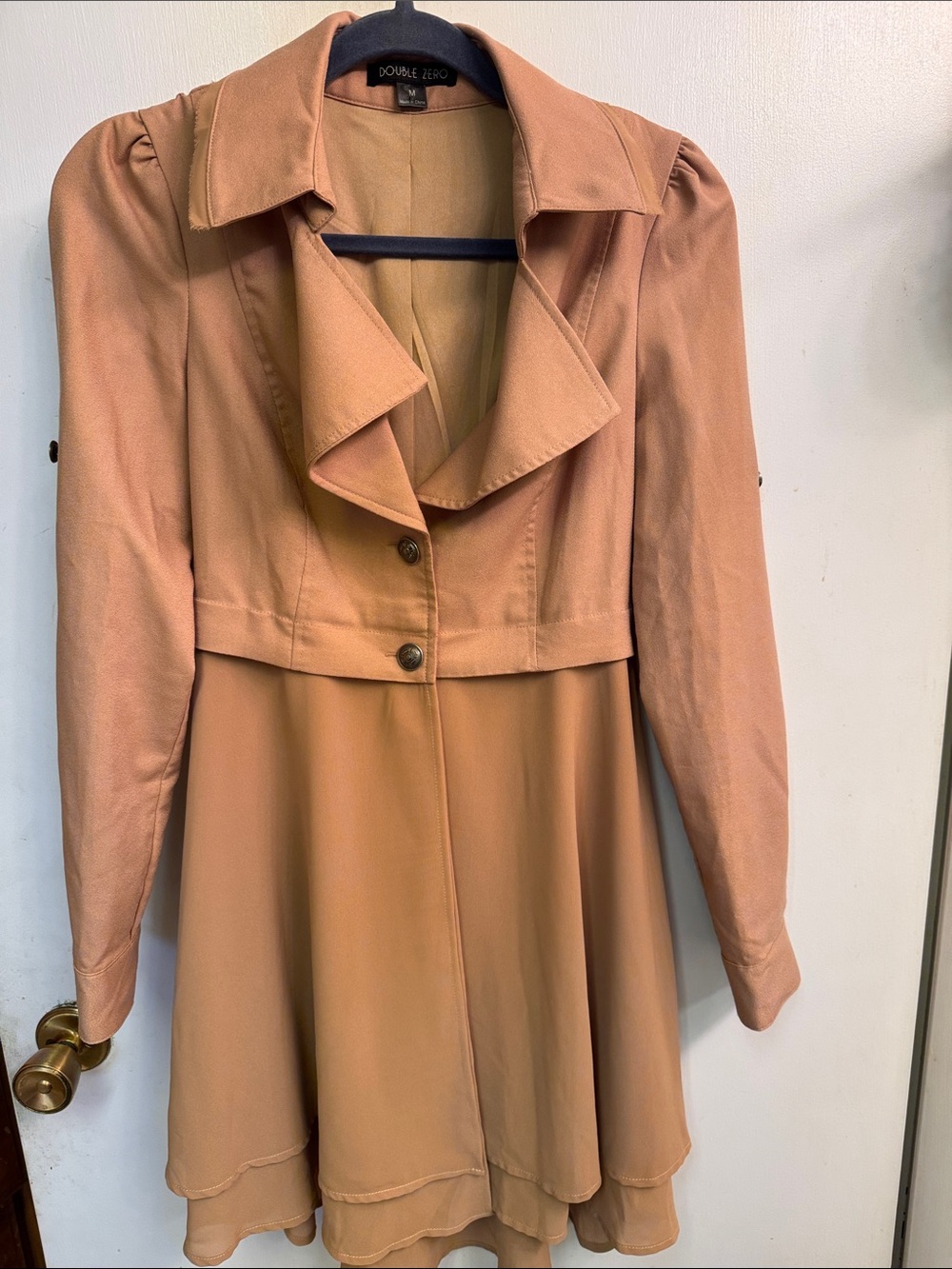 Double Zero Peach-Tan Long Sleeve Layered trench Dress with Collar